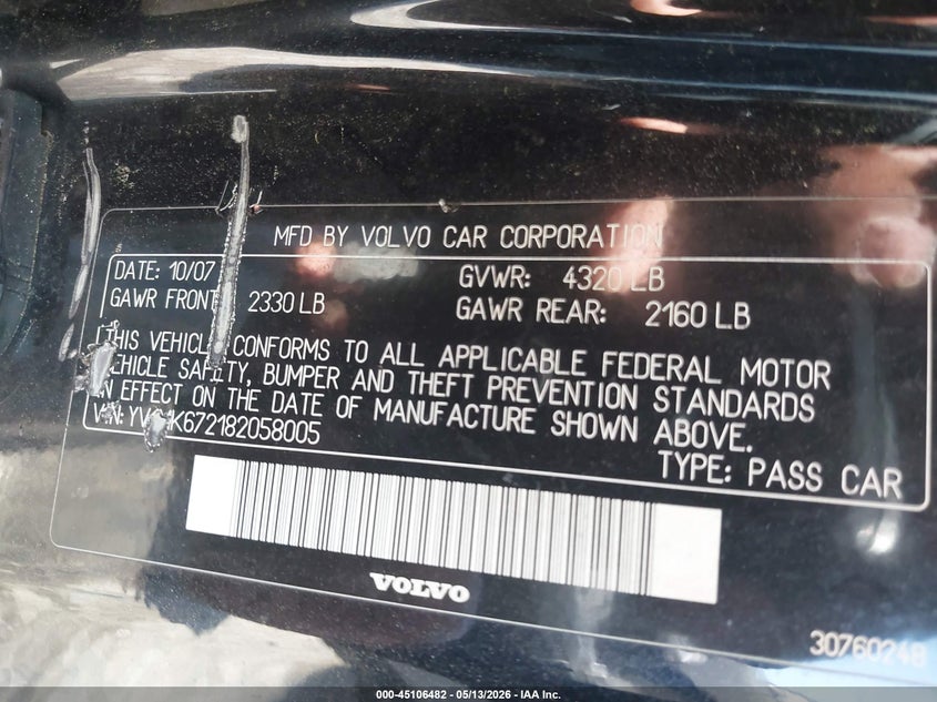 2008 Volvo C30 T5 R-Design/T5 Version 1.0/T5 Version 2.0 VIN: YV1MK672182058005 Lot: 45106482