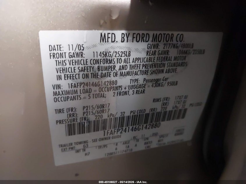 2006 Ford Five Hundred Sel VIN: 1FAFP24146G142880 Lot: 45106527
