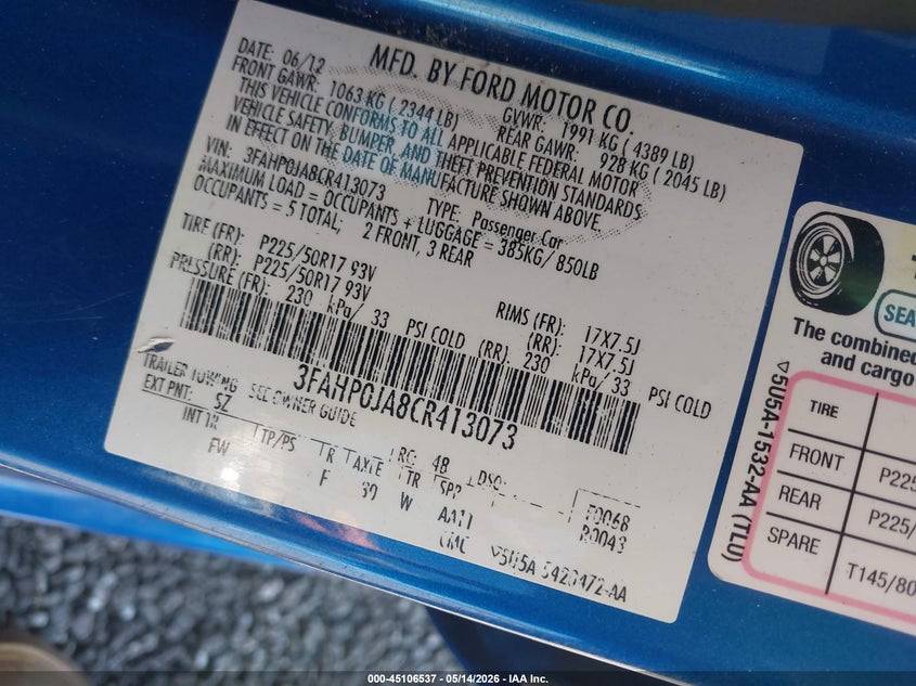 FORD FUSION 2012 VIN 3FAHP0JA8CR413073