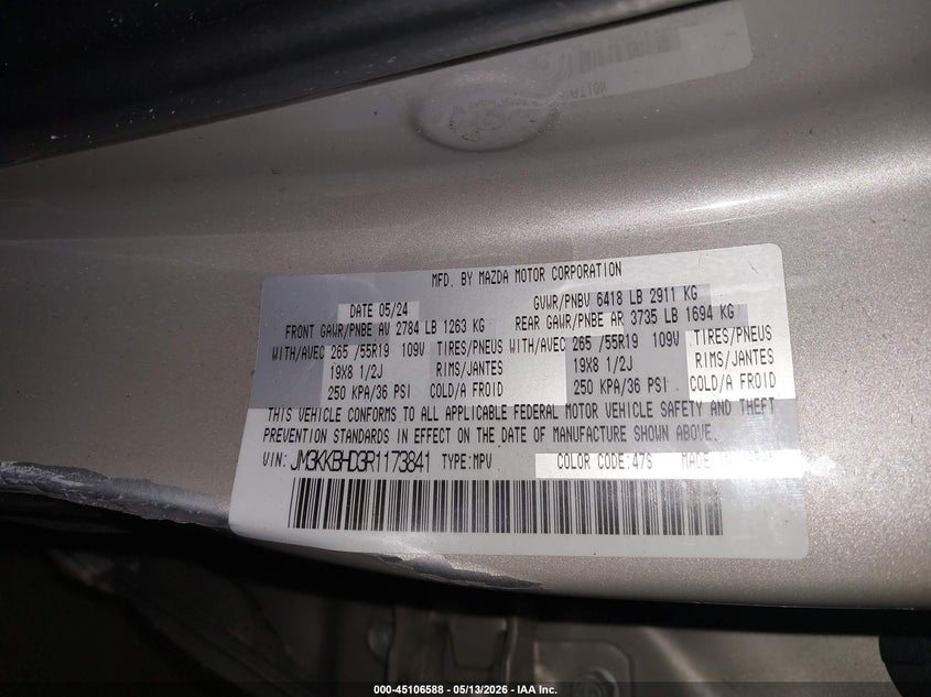 2024 Mazda Cx-90 3.3 Turbo Preferred VIN: JM3KKBHD3R1173841 Lot: 45106588