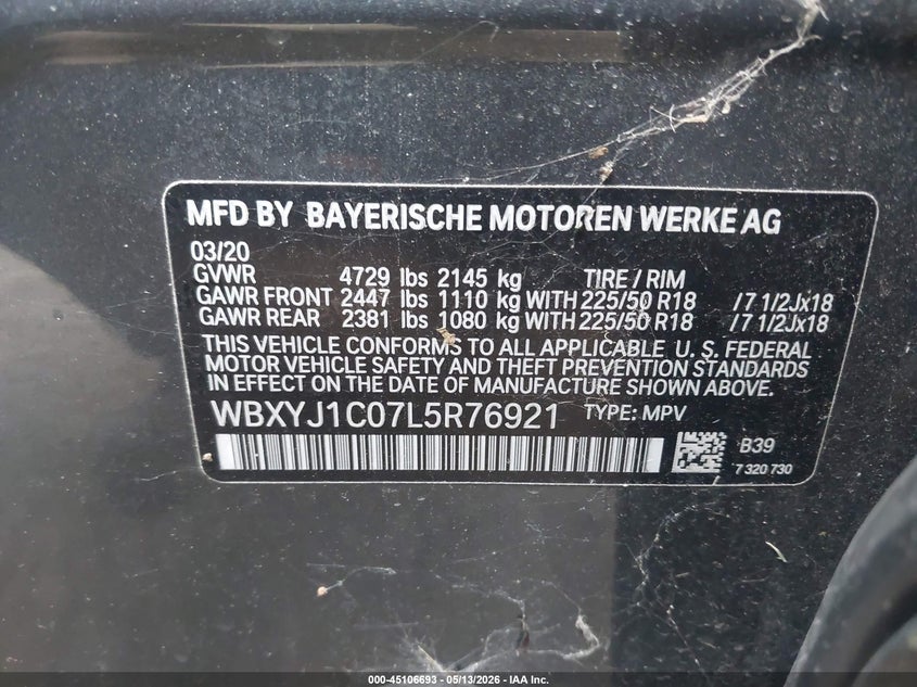 2020 BMW X2 xDrive28I VIN: WBXYJ1C07L5R76921 Lot: 45106693