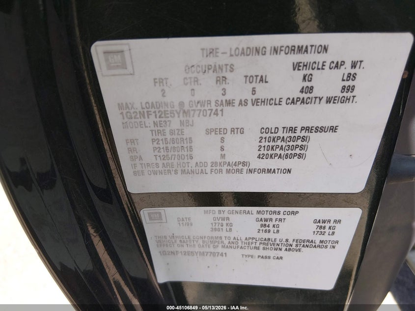 2000 Pontiac Grand Am Se1 VIN: 1G2NF12E5YM770741 Lot: 45106849