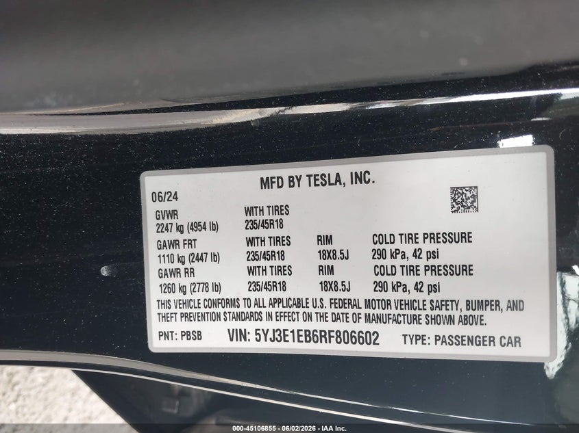 2024 Tesla Model 3 Long Range Dual Motor All-Wheel Drive VIN: 5YJ3E1EB6RF806602 Lot: 45106855