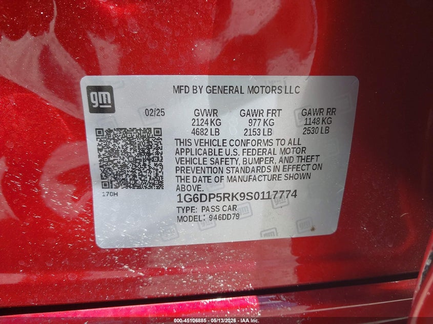 2025 Cadillac Ct5 Sport Rwd VIN: 1G6DP5RK9S0117774 Lot: 45106885