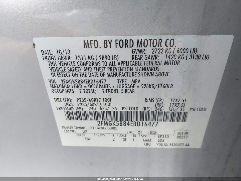 2014 Ford Flex Se VIN: 2FMGK5B84EBD16477 Lot: 45106928