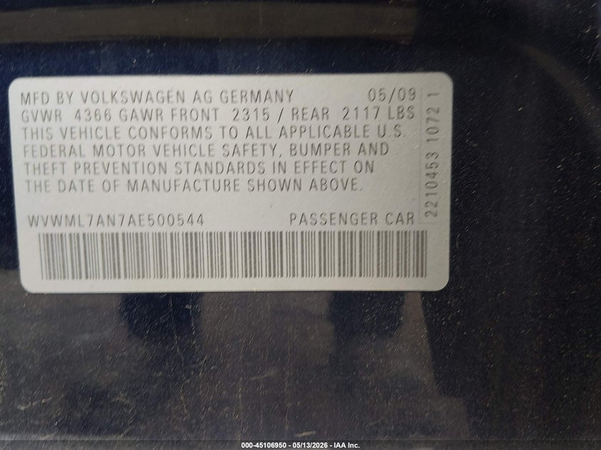 2010 Volkswagen Cc Sport VIN: WVWML7AN7AE500544 Lot: 45106950