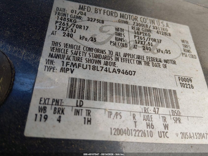 2004 Ford Expedition Eddie Bauer VIN: 1FMFU18L74LA94607 Lot: 45107047
