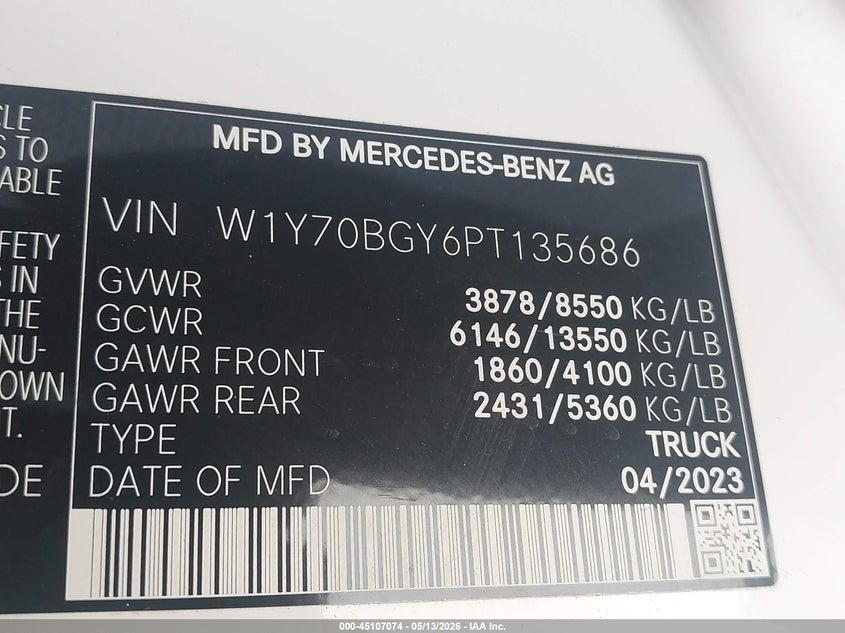 2023 Mercedes-Benz Sprinter 1500 Standard Roof 4-Cyl Gas VIN: W1Y70BGY6PT135686 Lot: 45107074