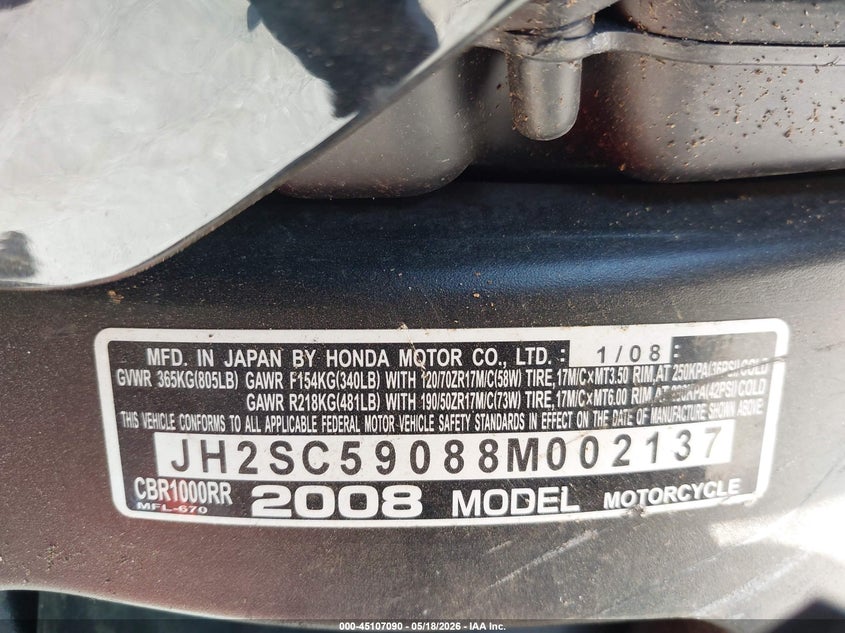 2008 Honda Cbr1000 Rr VIN: JH2SC59088M002137 Lot: 45107090
