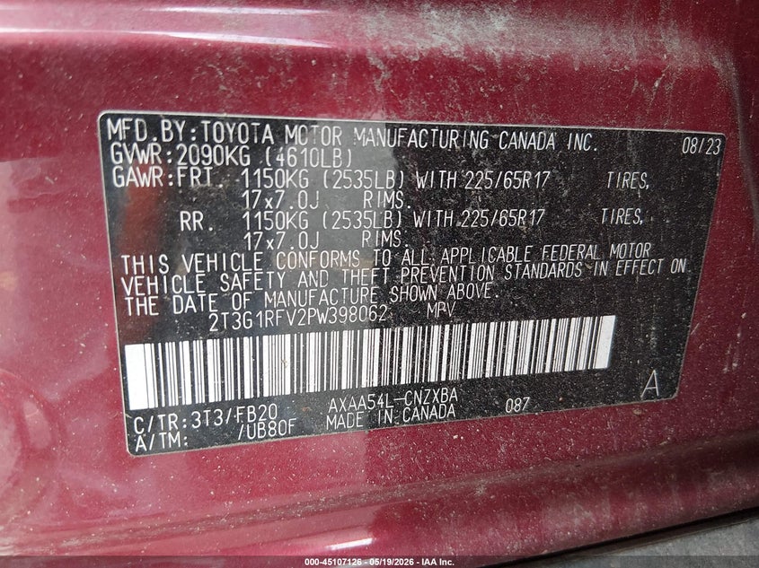 VIN 2T3G1RFV2PW398062 2023 TOYOTA RAV4 LE