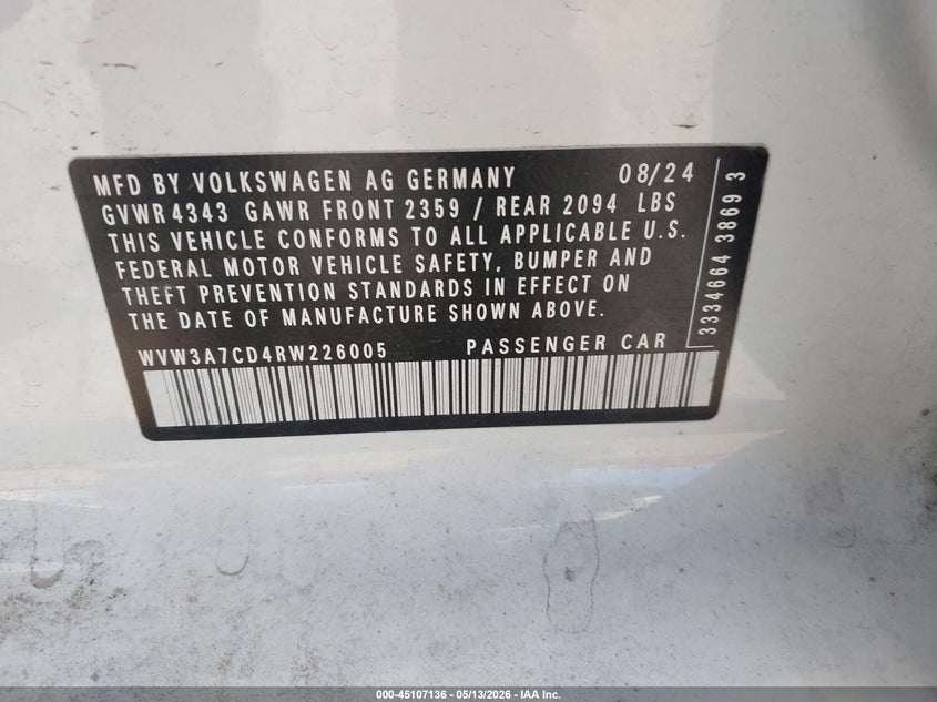2024 Volkswagen Golf Gti 2.0T Se VIN: WVW3A7CD4RW226005 Lot: 45107136