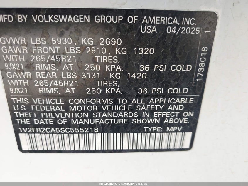 VIN 1V2FR2CA5SC555218 2025 VOLKSWAGEN ATLAS 2.0T SEL PREMIUM R-LINE
