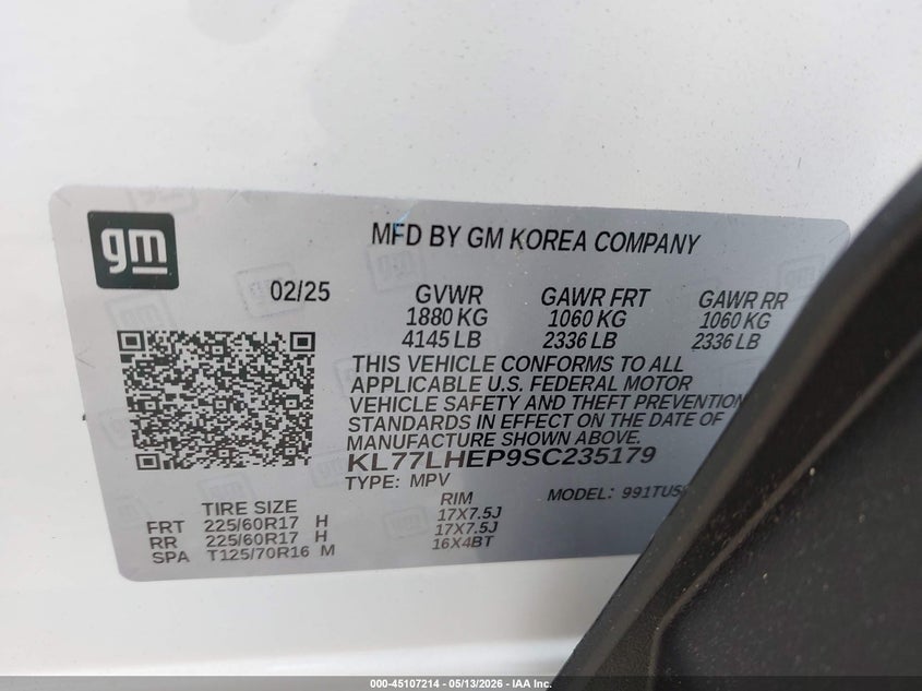VIN KL77LHEP9SC235179 2025 CHEVROLET TRAX FWD LT