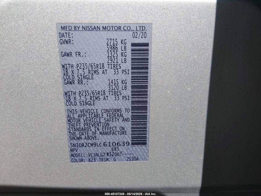 NISSAN PATHFINDER 2020 VIN 5N1DR2CM9LC610639