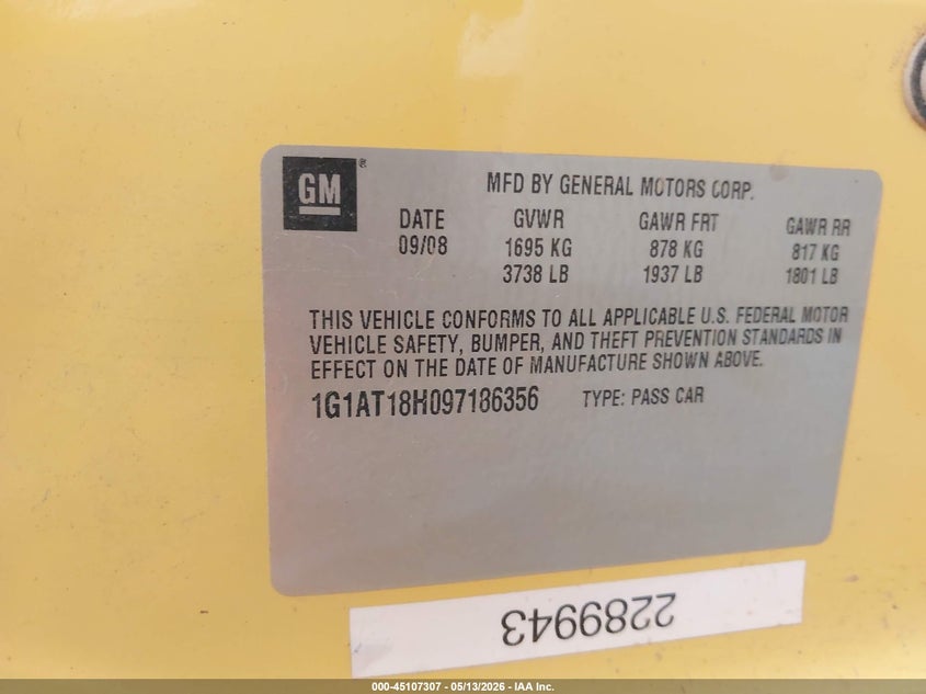 2009 Chevrolet Cobalt Lt VIN: 1G1AT18H097186356 Lot: 45107307