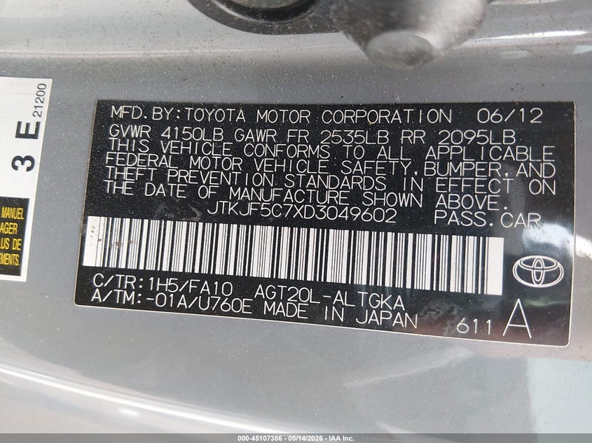 2013 Scion Tc VIN: JTKJF5C7XD3049602 Lot: 45107386