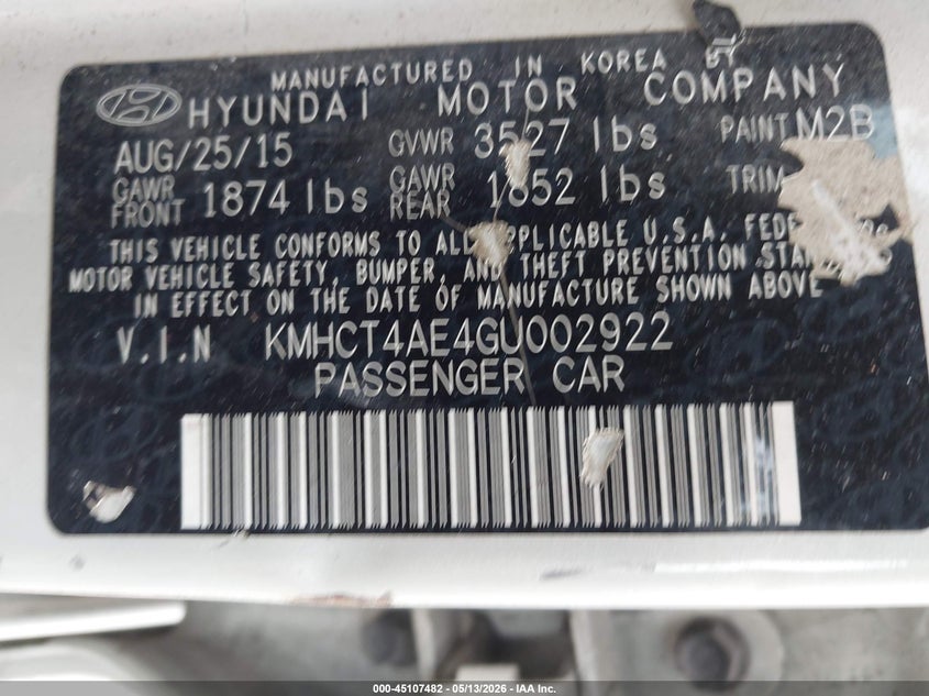 2016 HYUNDAI ACCENT SEDAN 1.6L I-4 DI, DOHC, VVT, 137HP