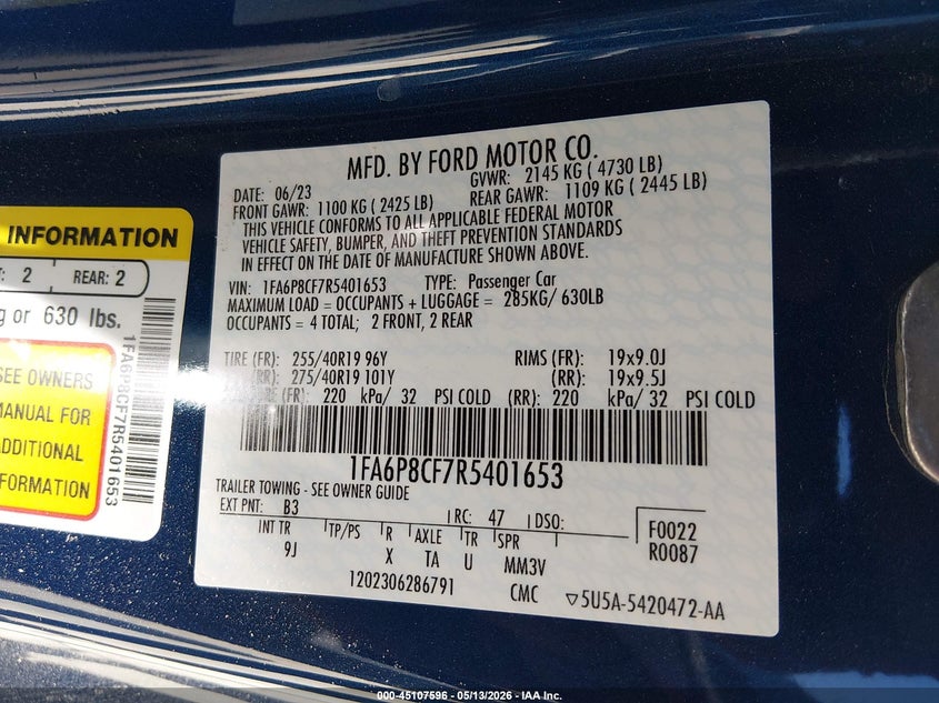 VIN 1FA6P8CF7R5401653 2024 FORD MUSTANG GT PREMIUM FASTBACK