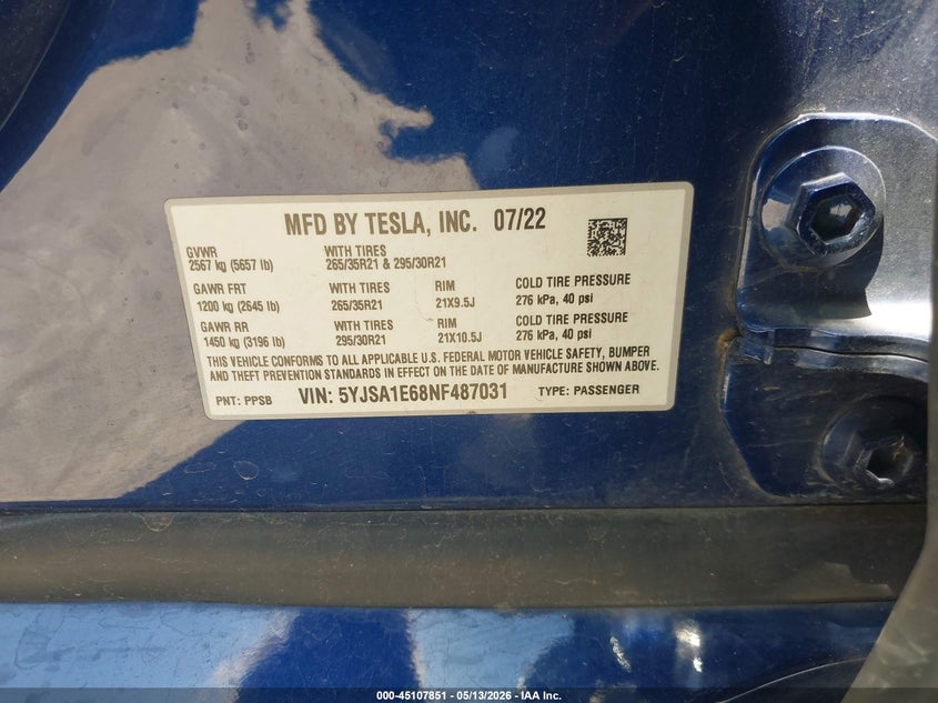 2022 Tesla Model S Plaid Tri Motor All-Wheel Drive VIN: 5YJSA1E68NF487031 Lot: 45107851