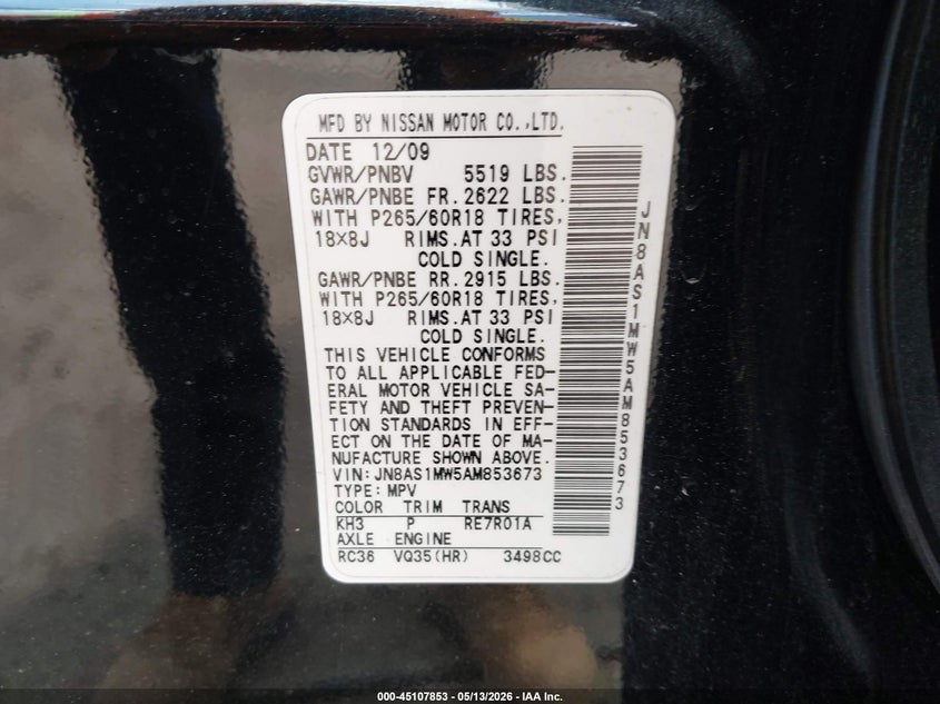 2010 Infiniti Fx35 VIN: JN8AS1MW5AM853673 Lot: 45107853