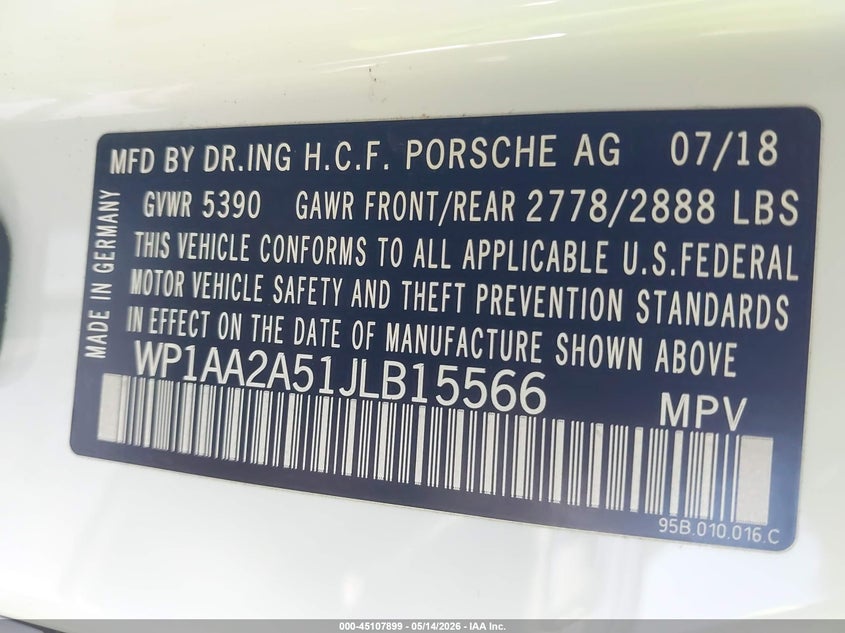 2018 Porsche Macan VIN: WP1AA2A51JLB15566 Lot: 45107899