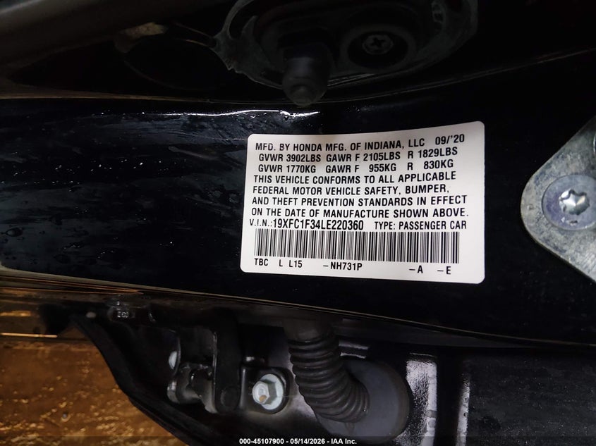 HONDA CIVIC 2020 VIN 19XFC1F34LE220360