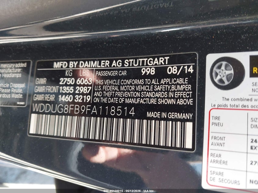 2015 Mercedes-Benz S 550 4Matic VIN: WDDUG8FB9FA118514 Lot: 45108015
