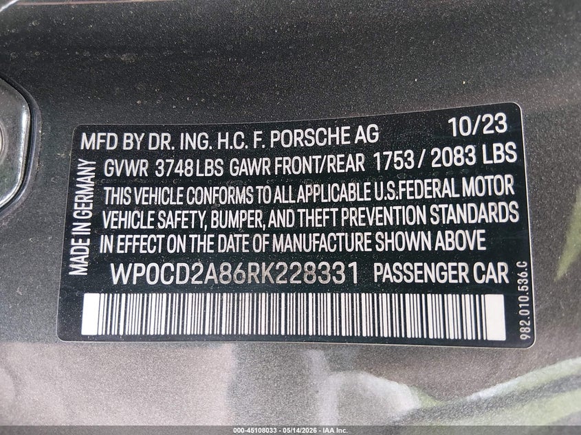 2024 Porsche 718 Boxster Gts 4.0 VIN: WP0CD2A86RK228331 Lot: 45108033