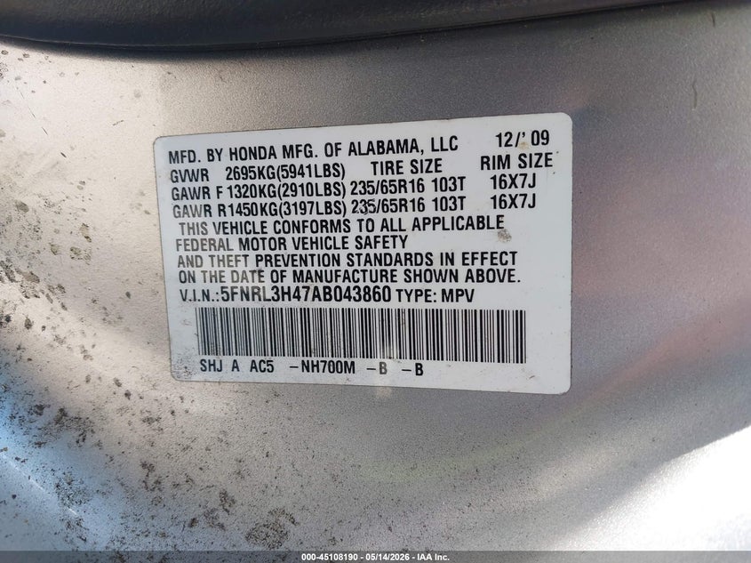 HONDA ODYSSEY 2010 VIN 5FNRL3H47AB043860