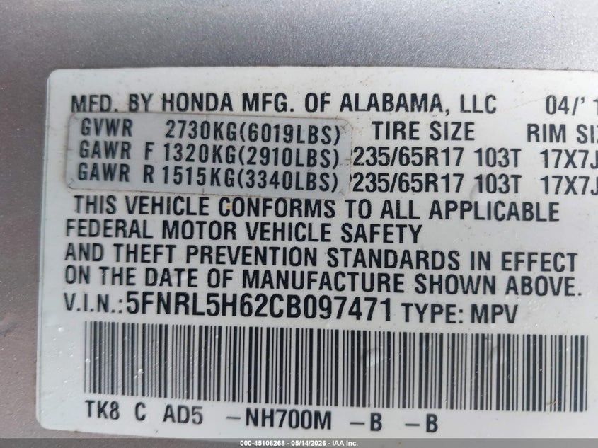 2012 Honda Odyssey 3.5 Ex-L Silver Lot 111045108268 Vin 5FNRL5H62CB097471