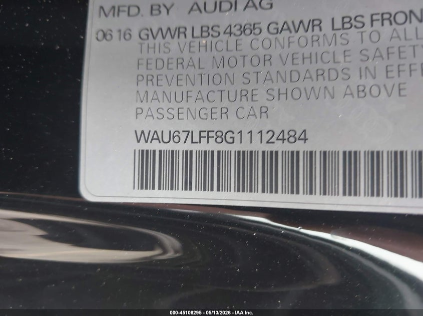 2016 Audi A3 1.8T Premium VIN: WAU67LFF8G1112484 Lot: 45108295