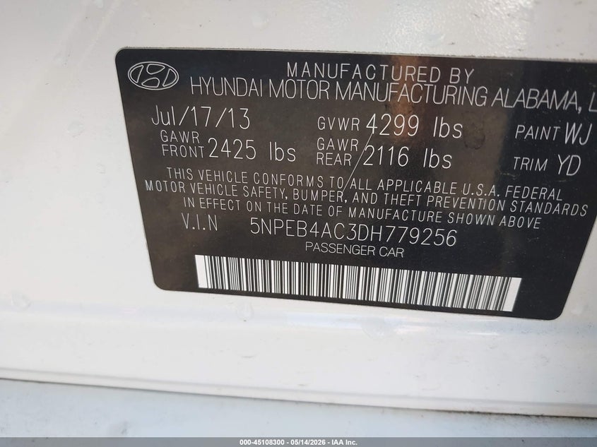 2013 HYUNDAI SONATA SEDAN 2.4L I-4 DI, DOHC, VVT, 198HP