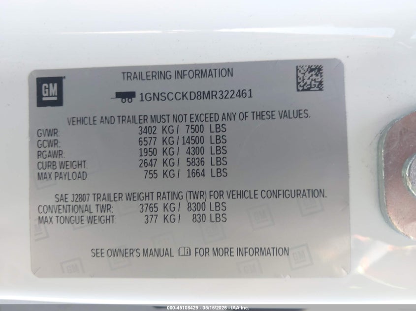 2021 Chevrolet Suburban 2Wd Lt VIN: 1GNSCCKD8MR322461 Lot: 45108429