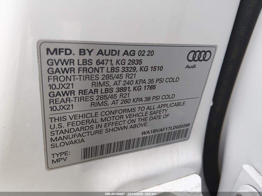 2020 Audi Q8 Premium Plus 55 Tfsi Quattro Tiptronic VIN: WA1BVAF17LD020298 Lot: 45108487
