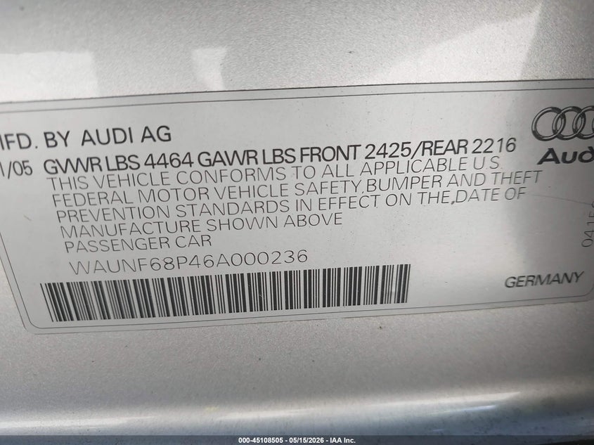 2006 Audi A3 2.0T VIN: WAUNF68P46A000236 Lot: 45108505
