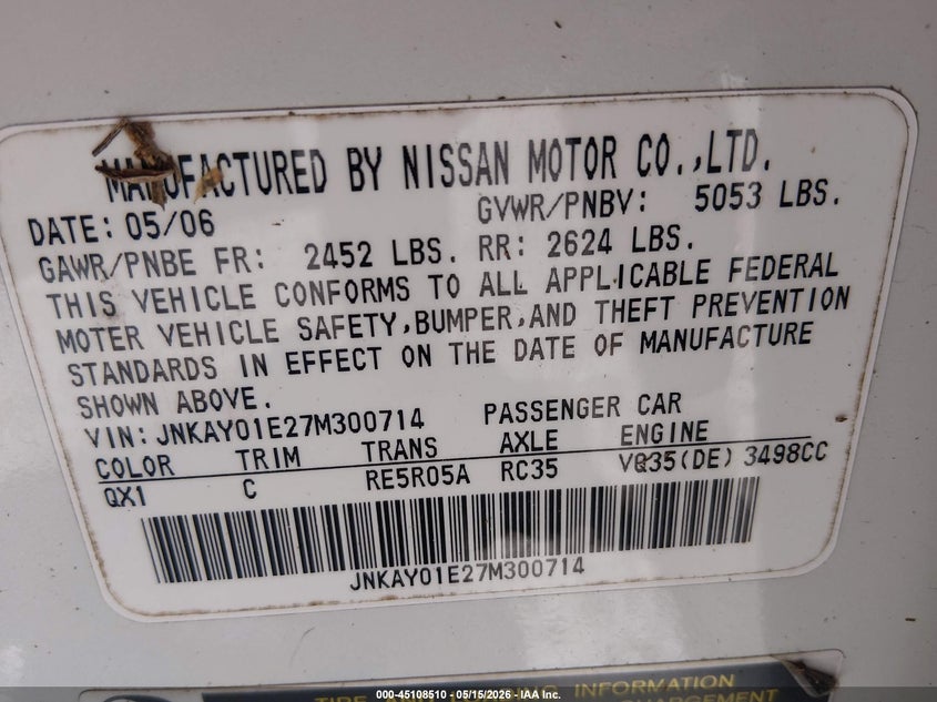 2007 Infiniti M35 VIN: JNKAY01E27M300714 Lot: 45108510