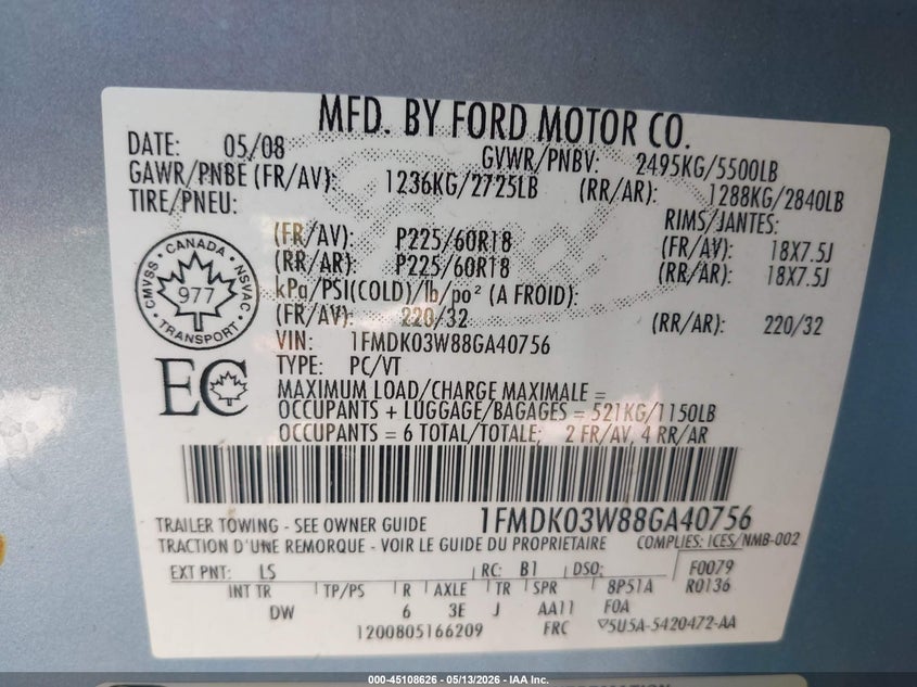 2008 Ford Taurus X Limited VIN: 1FMDK03W88GA40756 Lot: 45108626