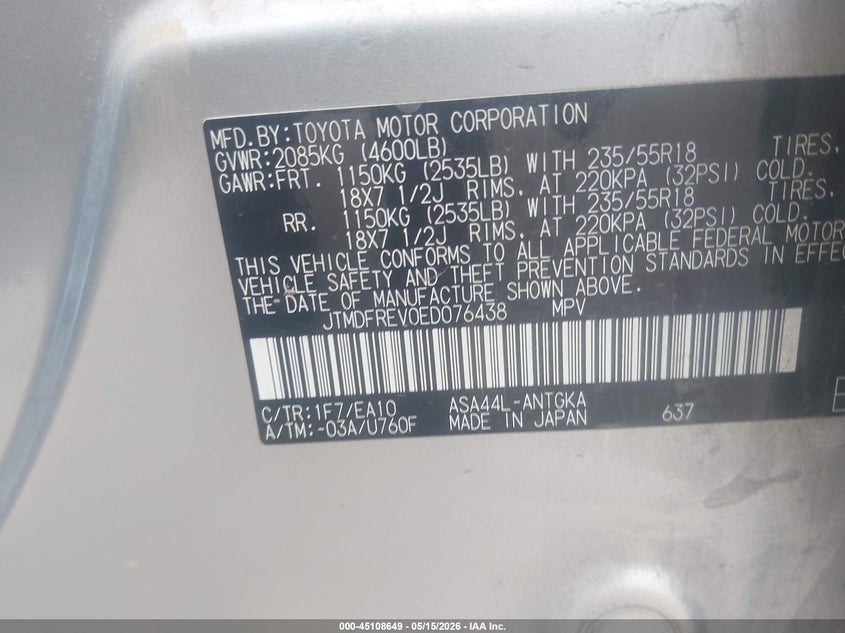 2014 TOYOTA RAV 4 SPORT UTILITY VEHICLE 2.5L I-4 DOHC, VVT, 176HP