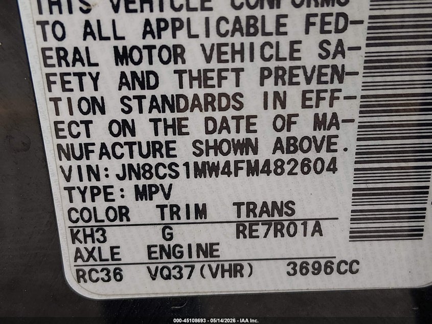 2015 Infiniti Qx70 VIN: JN8CS1MW4FM482604 Lot: 45108693
