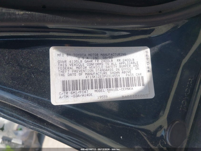 1993 Toyota Camry Le VIN: 4T1SK12E0PU314554 Lot: 45108713