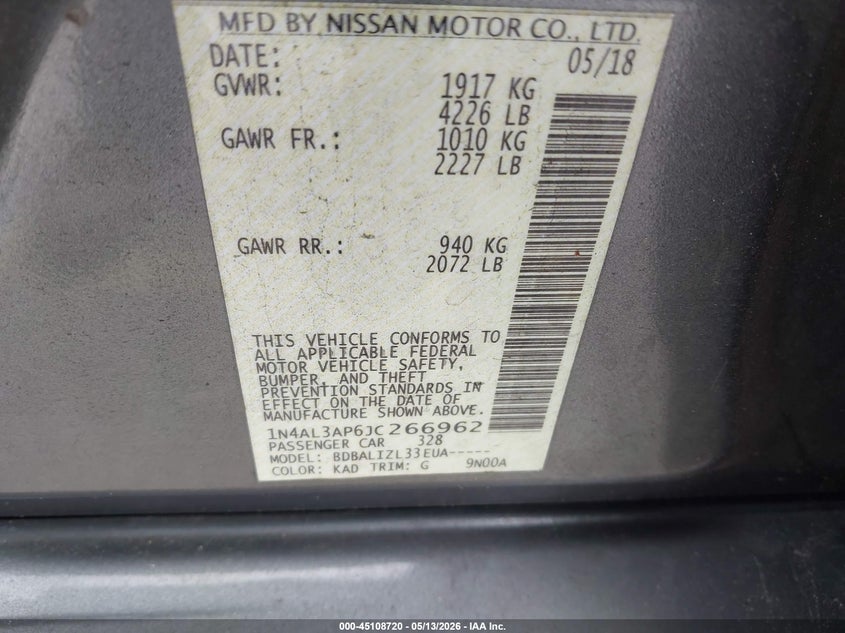 VIN 1N4AL3AP6JC266962 2018 NISSAN ALTIMA 2.5 SV