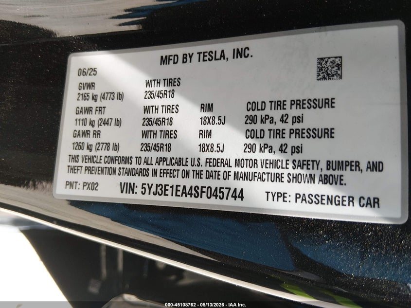TESLA MODEL 3 2025 VIN 5YJ3E1EA4SF045744