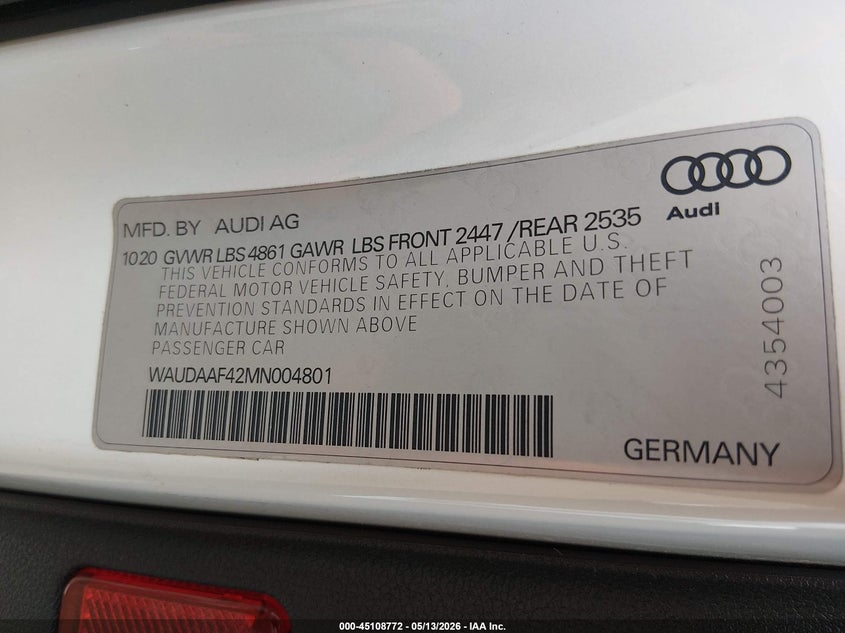 AUDI A4 2021 VIN WAUDAAF42MN004801