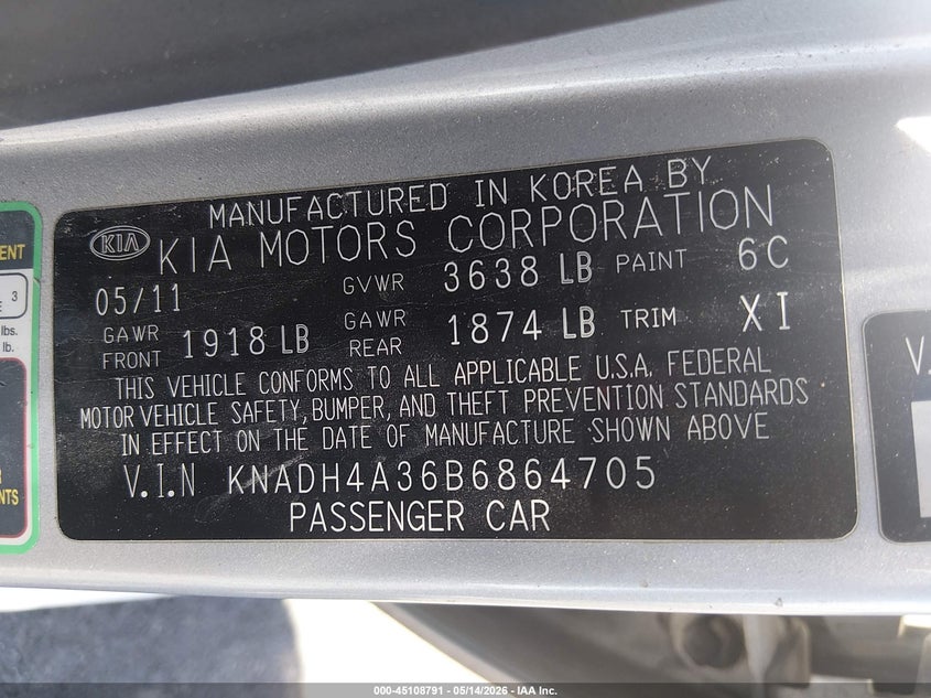 KNADH4A36B6864705 2011 Kia Rio 1.6 Lx Silver