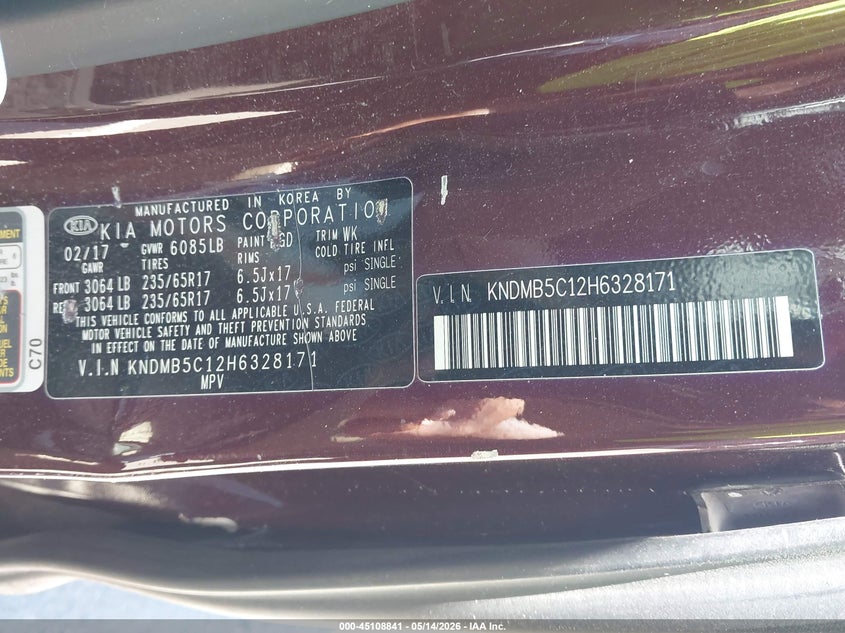 VIN KNDMB5C12H6328171 2017 KIA SEDONA LX