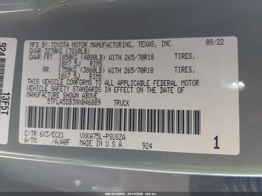 2022 Toyota Tundra Sr5 VIN: 5TFLA5DB3NX046889 Lot: 45108858