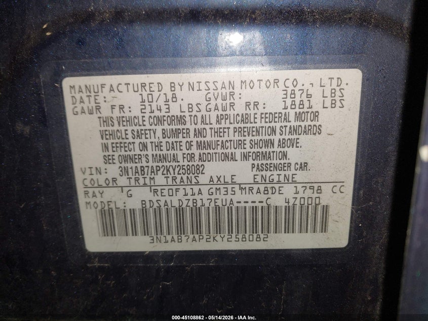 VIN 3N1AB7AP2KY258082 2019 NISSAN SENTRA SV