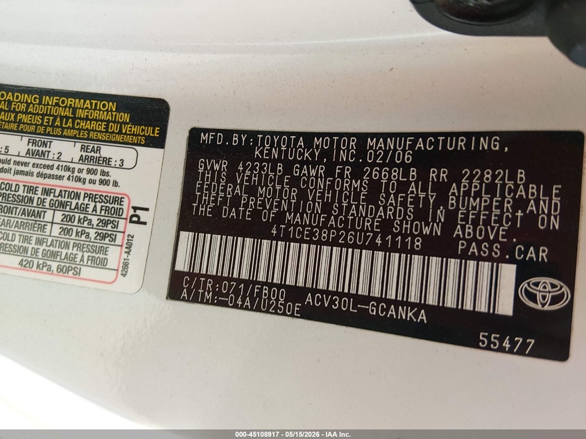 2006 Toyota Camry Solara Se VIN: 4T1CE38P26U741118 Lot: 45108917