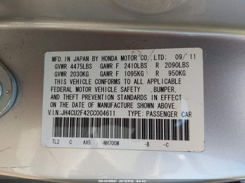 2012 Acura Tsx 2.4 VIN: JH4CU2F42CC004611 Lot: 45108941