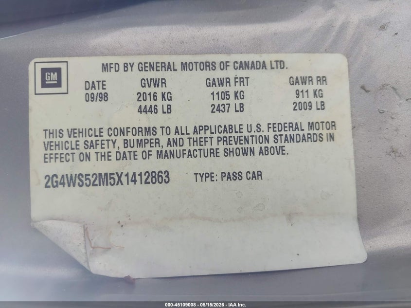 1999 Buick Century Custom VIN: 2G4WS52M5X1412863 Lot: 45109008